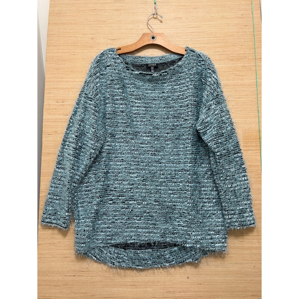 Jones New York Eyelash Knit Sweater Teal Blue‎ Black Boat Neck High-Low Medium